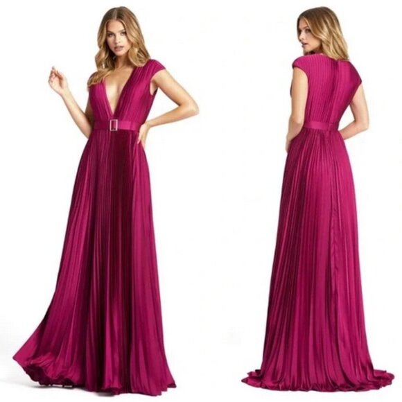 Ieena Mac Duggal Raspberry Pleated Plunge Belted Gown - Picture 1 of 2